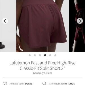 NWT Lululemon Fast and Free High-Rise Classic-Fit Split Short 3" Goodnight Plum